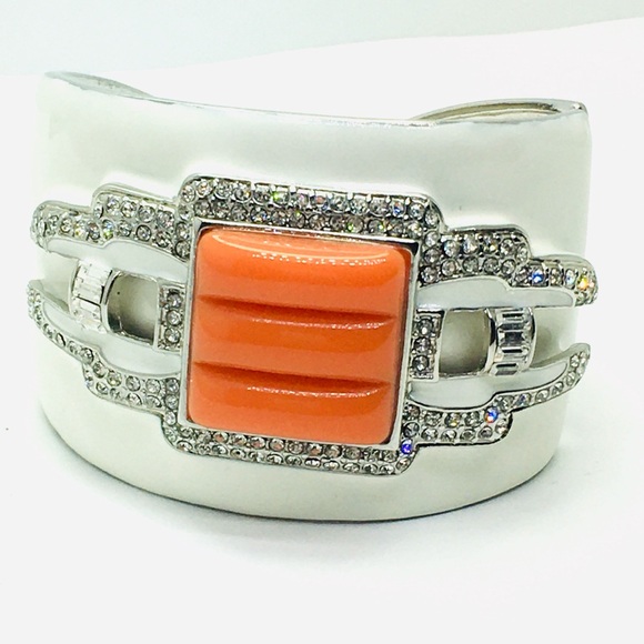 KJL Kenneth Jay Lane Orange rhinestone,white enamel cuff bracelet - Picture 6 of 8